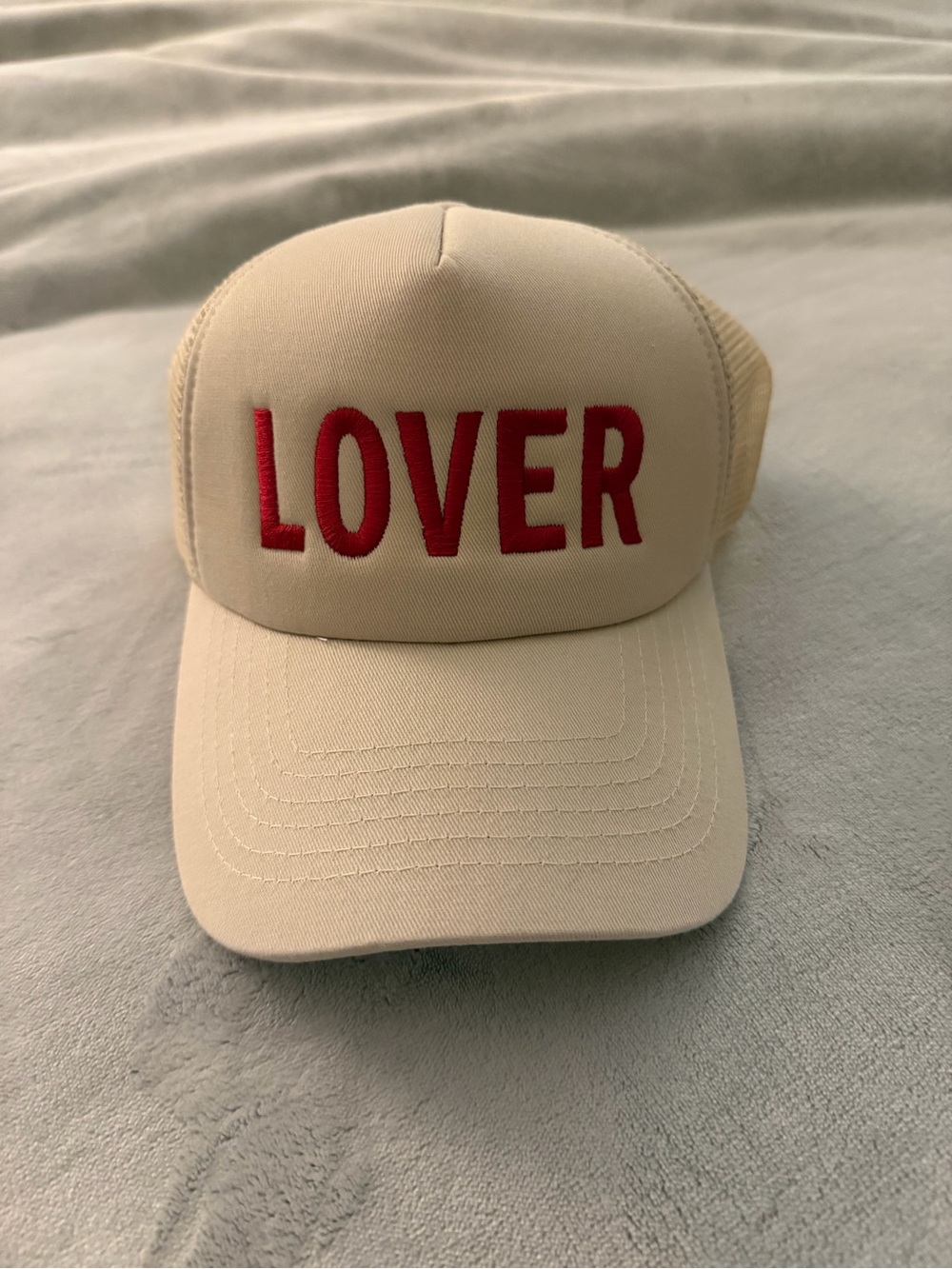 Altar'd State Beige 'LOVER' Trucker Hat with Red Embroidery